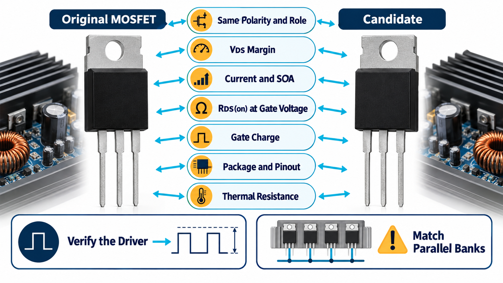Checklist for choosing a replacement MOSFET in a car audio amplifier