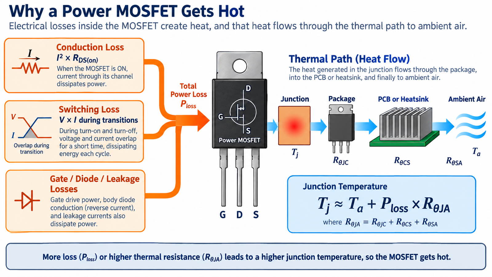 Diagram of MOSFET electrical losses and the heat path from junction to ambient