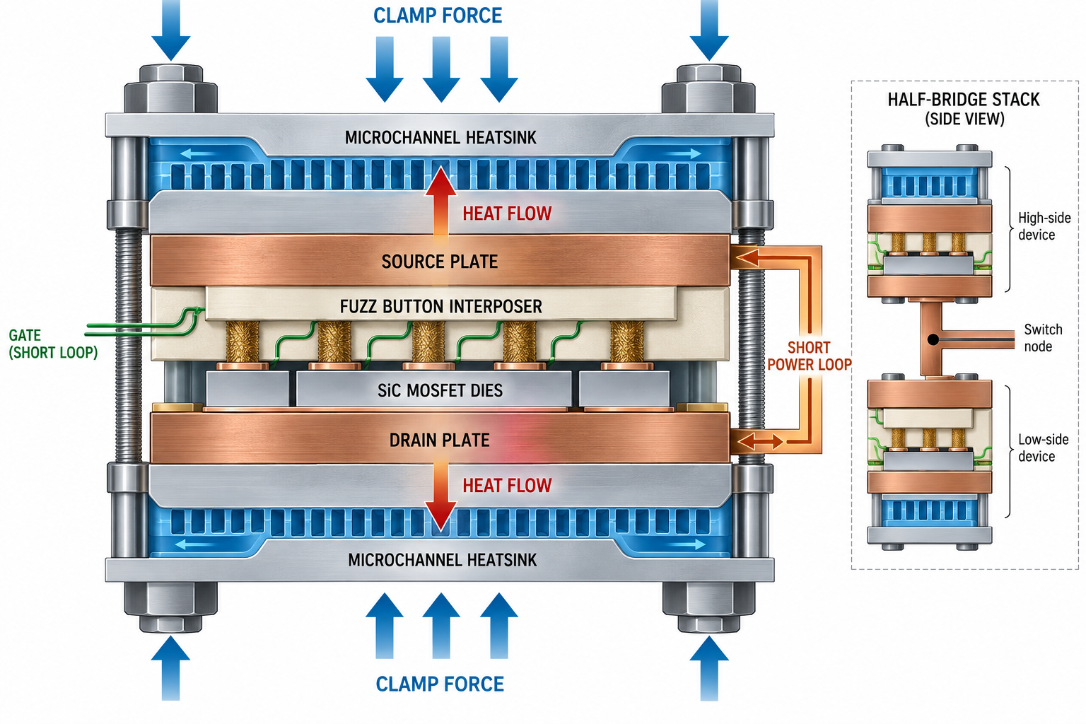 Cross section of a press-pack SiC MOSFET using a fuzz-button interposer and microchannel heatsinks