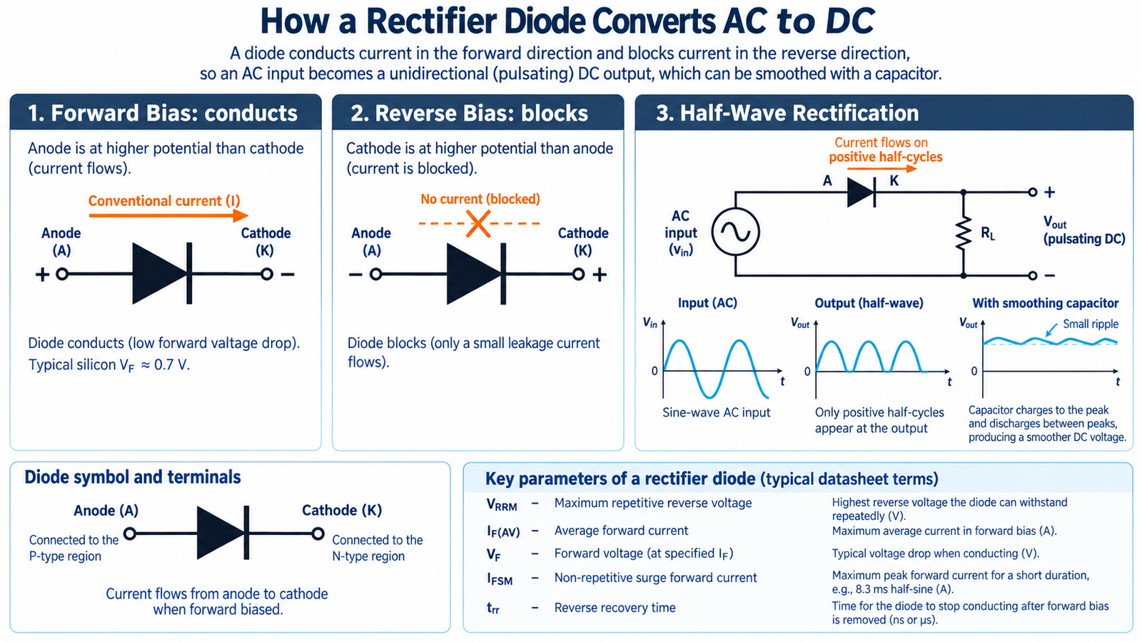 Rectifier diode forward and reverse operation with half-wave rectification