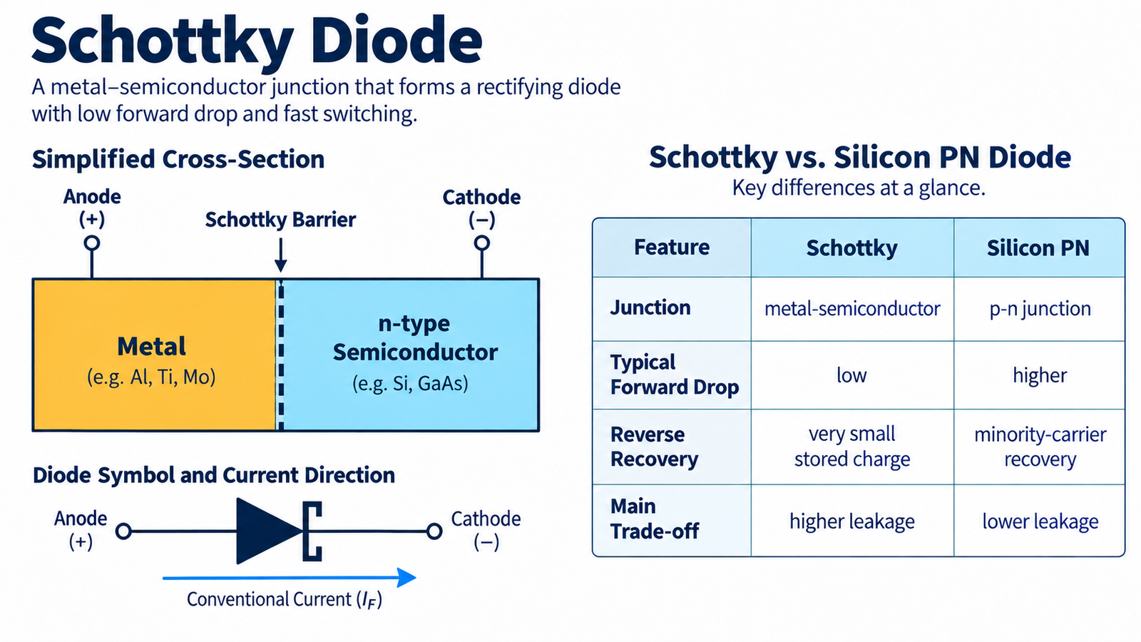 Schottky diode cross-section and comparison with a silicon PN diode