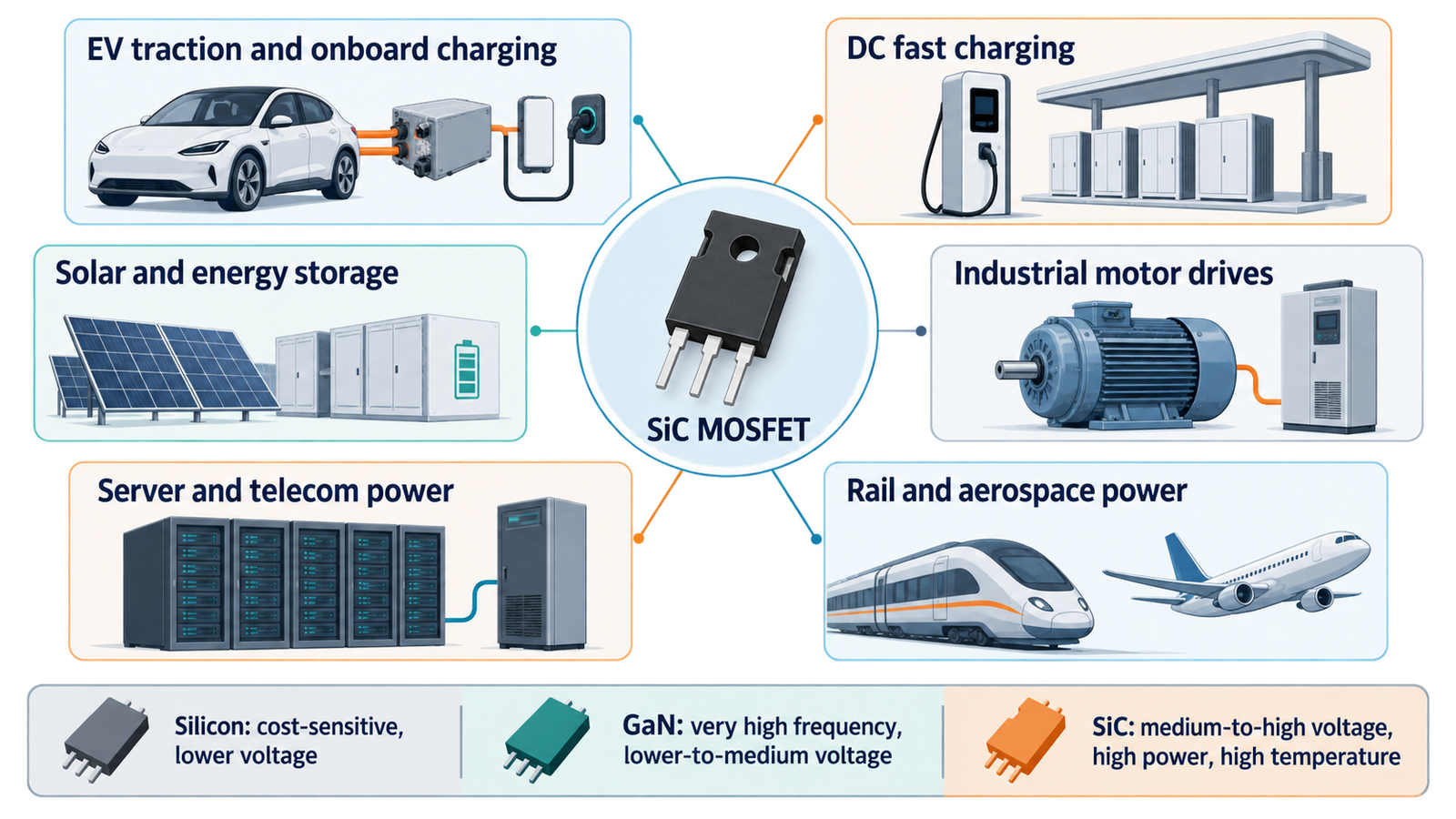 Application map showing common uses for SiC MOSFETs and device selection guidance