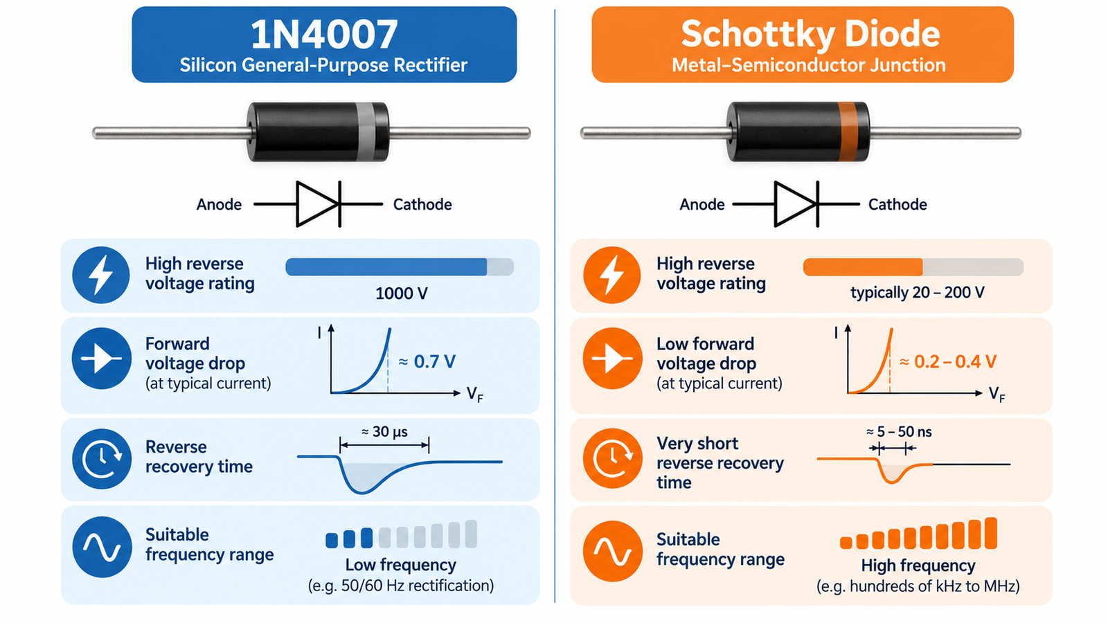 Comparison of 1N4007 silicon rectifier and Schottky diode properties