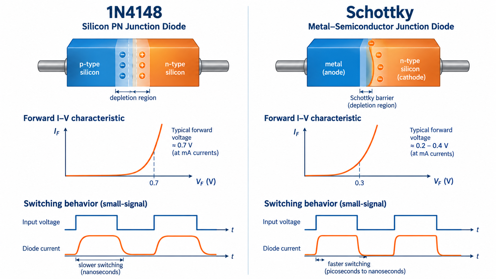 Comparison of 1N4148 silicon PN junction and Schottky diode characteristics
