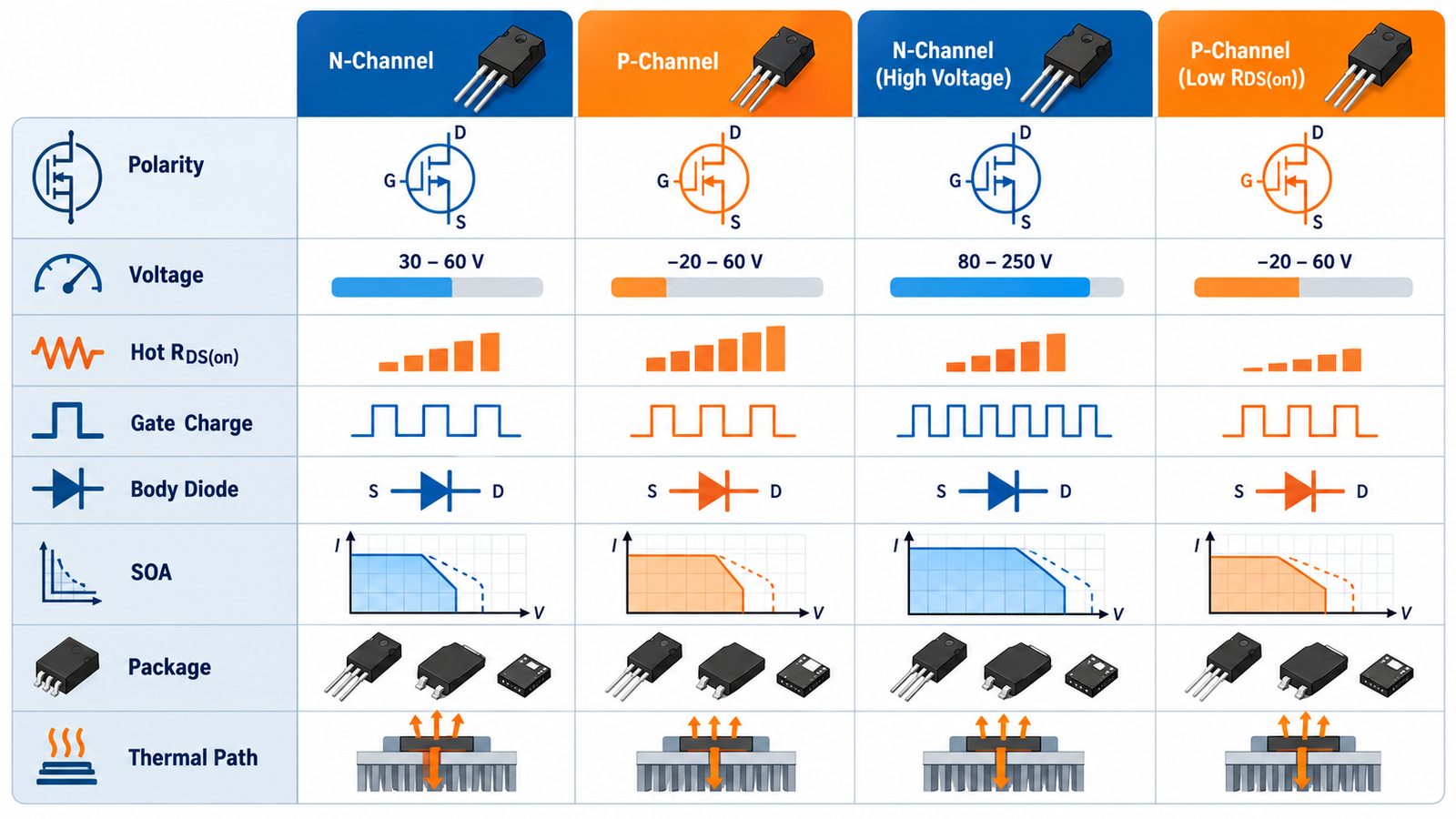MOSFET comparison matrix for polarity voltage resistance gate charge and package