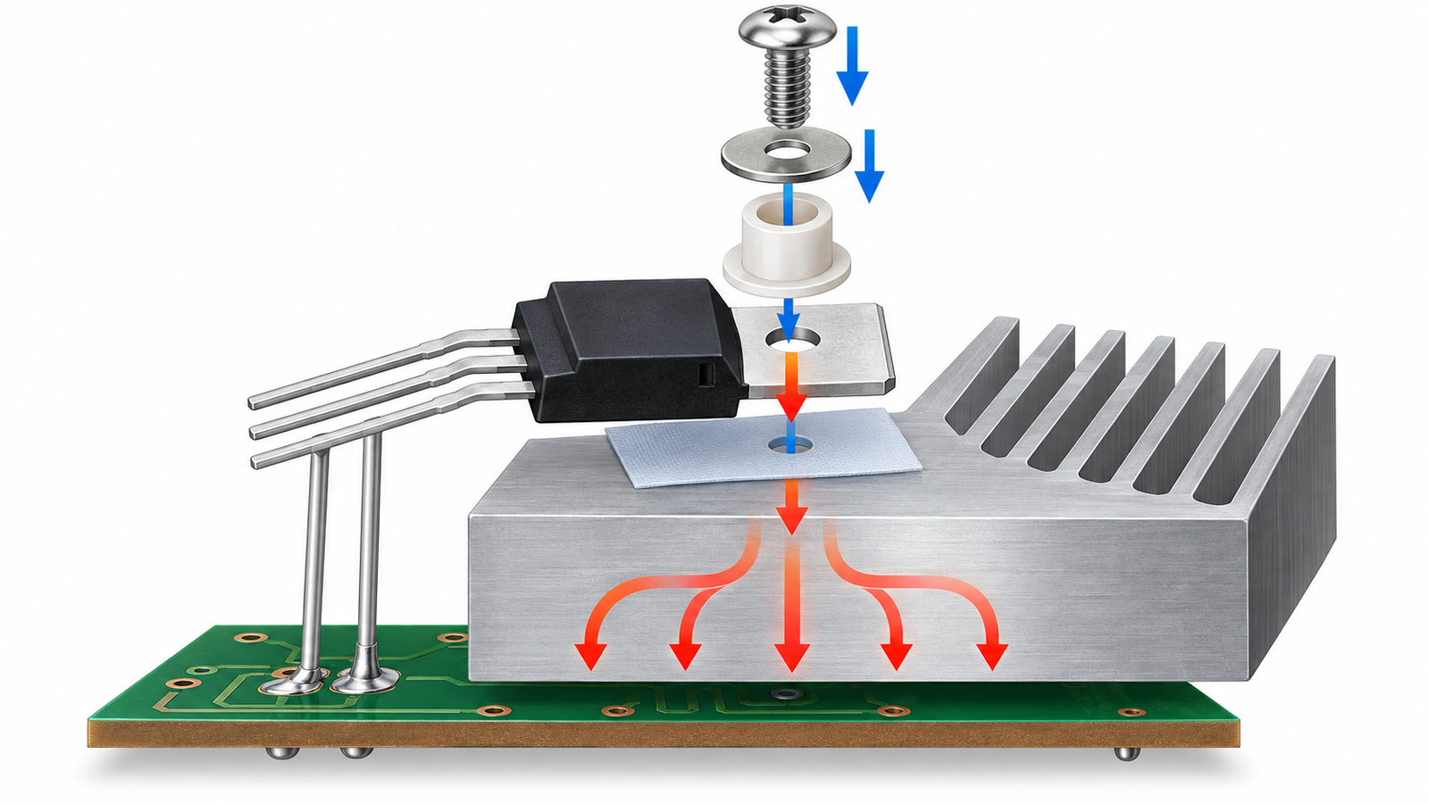 Exploded diagram of MOSFET heatsink mounting with screw shoulder washer insulation pad and thermal interface