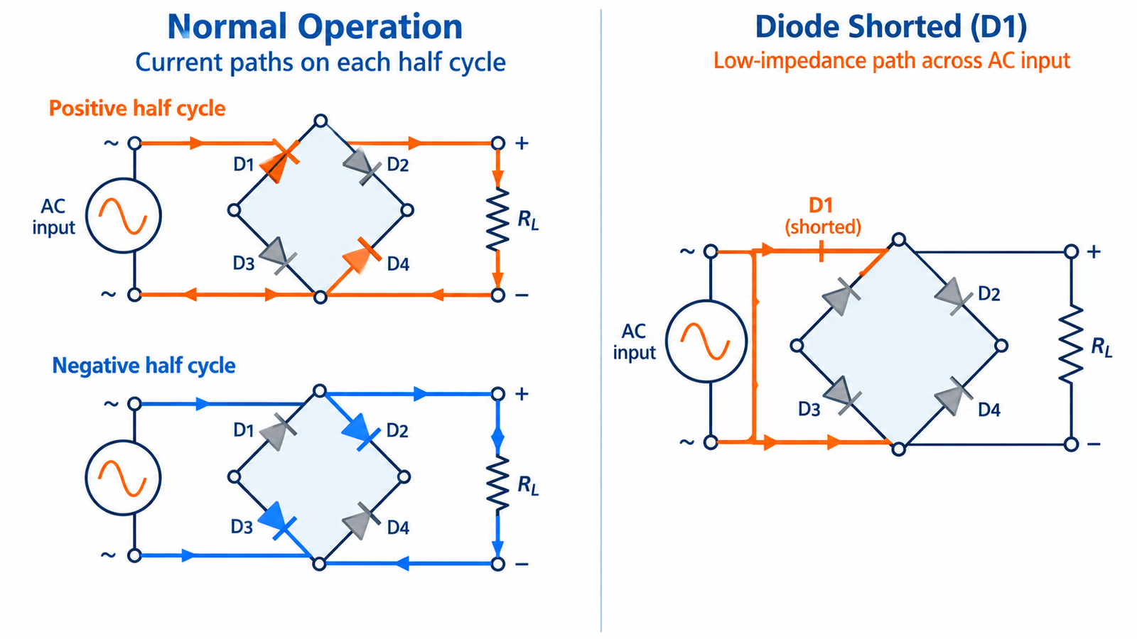Bridge rectifier current paths showing the effect of one diode short circuit