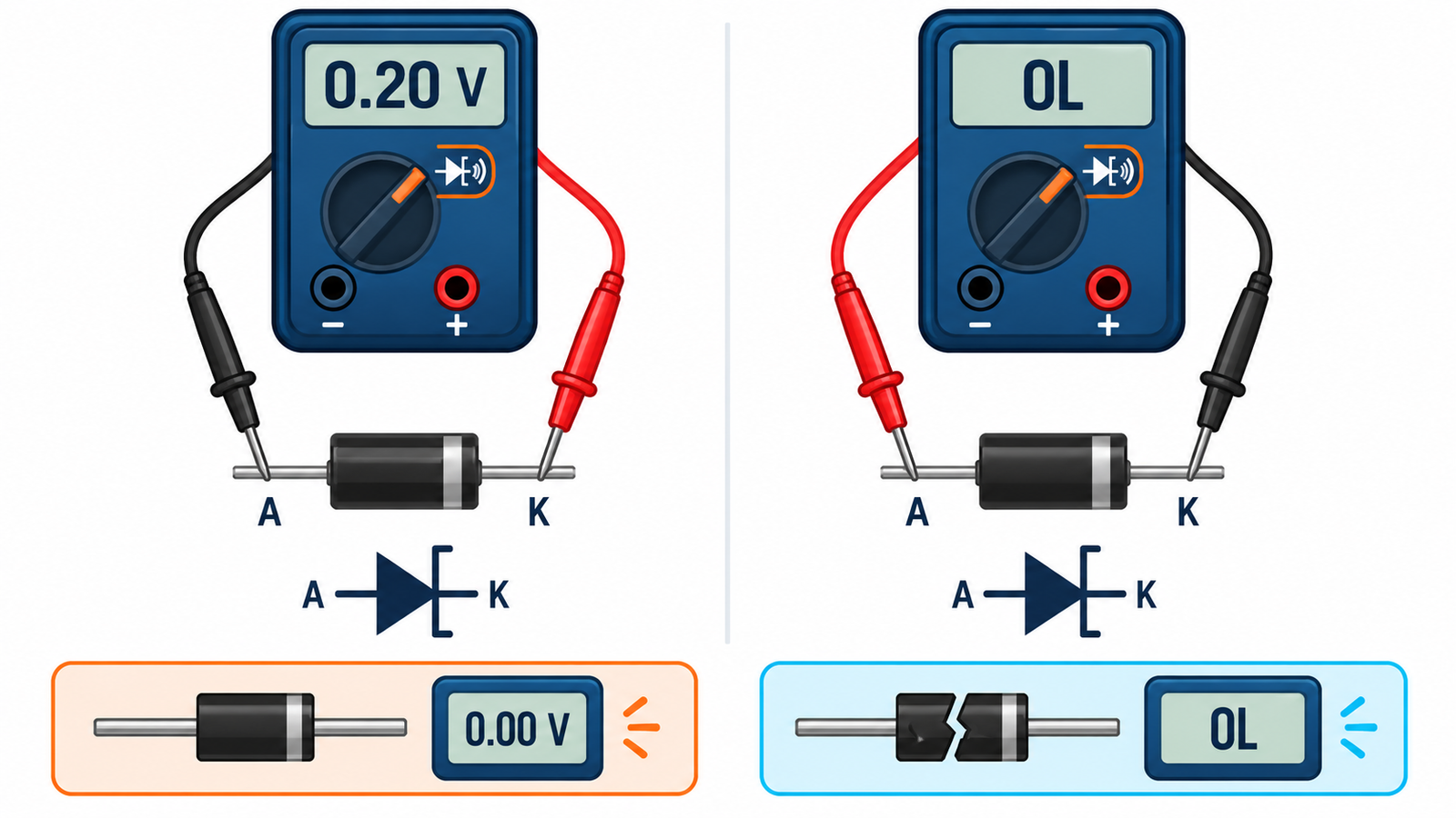 Multimeter polarity and expected readings for forward and reverse Schottky diode tests
