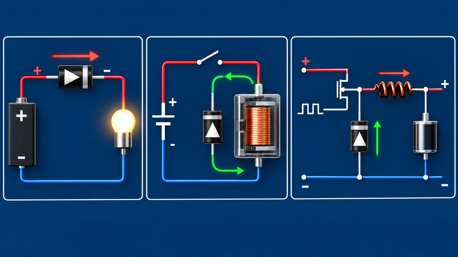 Schottky diode polarity and connection examples for series protection flyback clamping and rectification