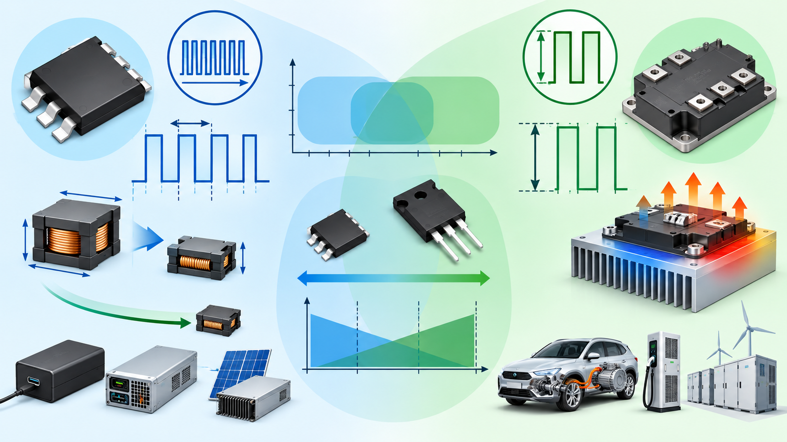 Engineering comparison of GaN and SiC by voltage power switching frequency and thermal demands