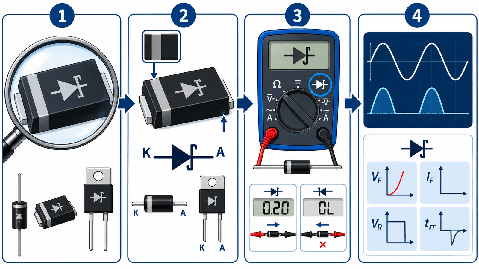 Decision tree for identifying a Schottky diode from markings package data sheet and electrical tests