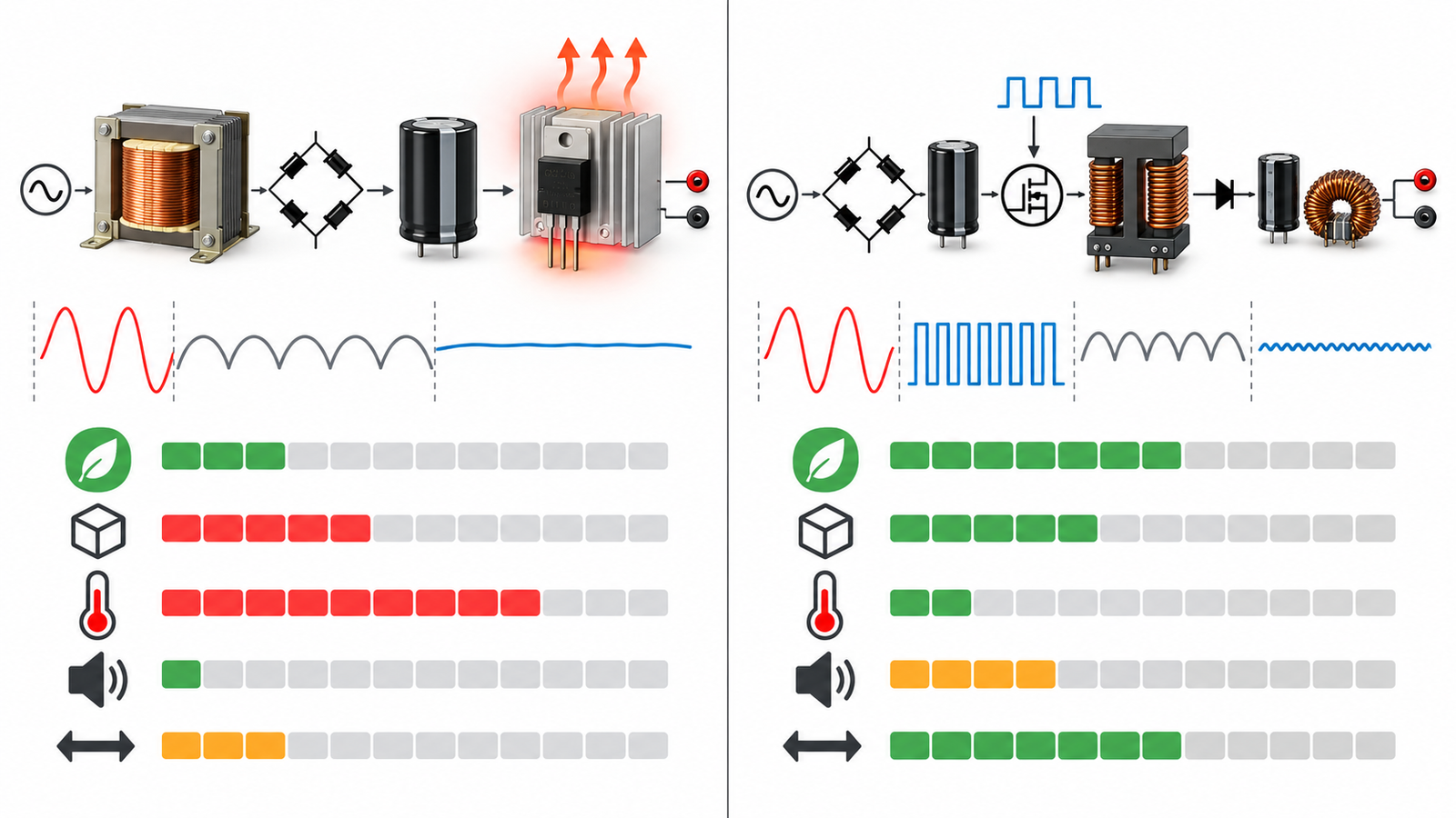 Comparison chart of linear and switching power supply efficiency noise size heat and applications