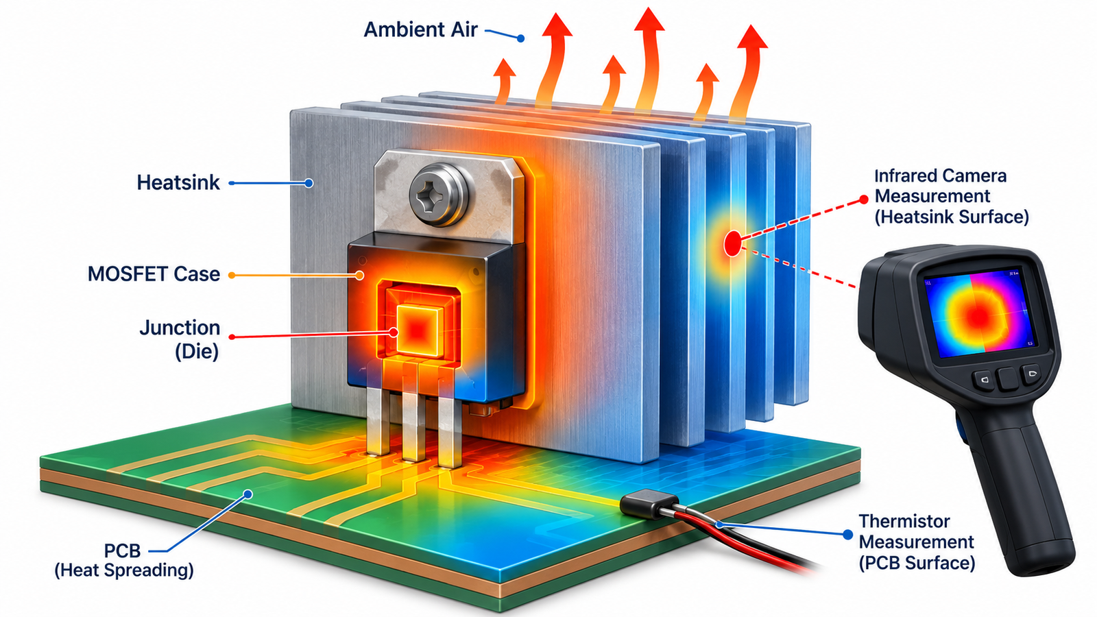 MOSFET junction case heatsink and PCB temperature measurement locations