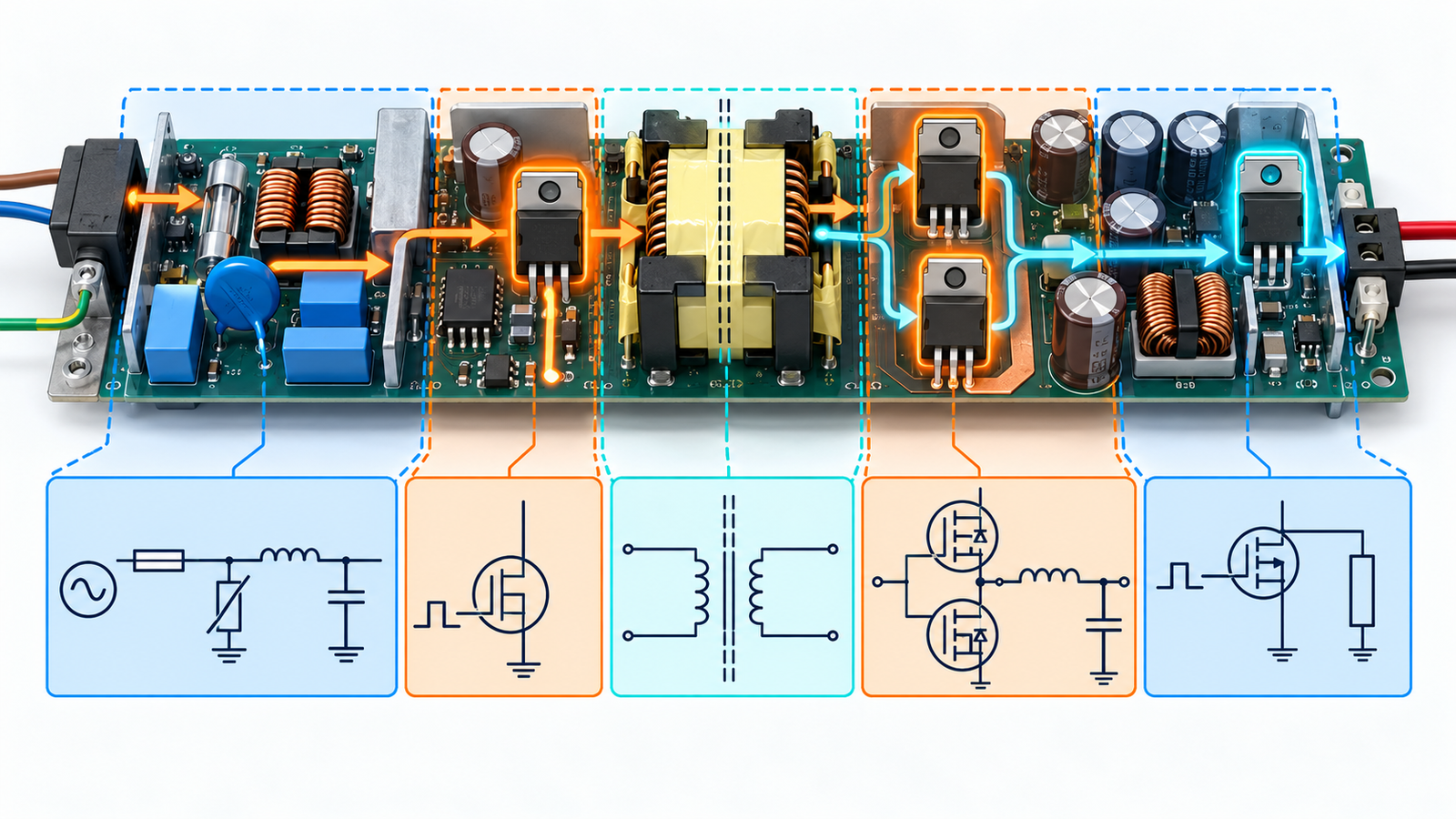 Diagram showing MOSFET roles in primary switching synchronous rectification and input protection