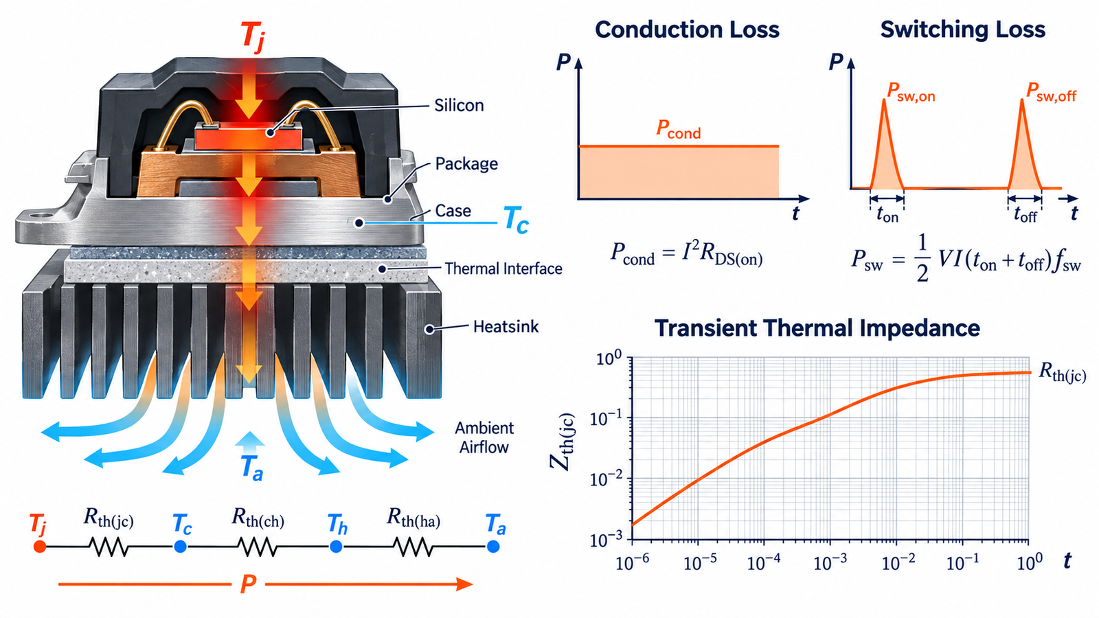 MOSFET loss and thermal resistance path from silicon junction through case interface heatsink and ambient