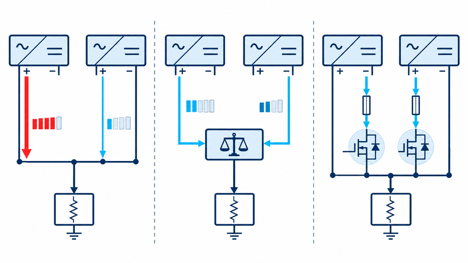Parallel power supply architectures for current sharing and redundant ORing
